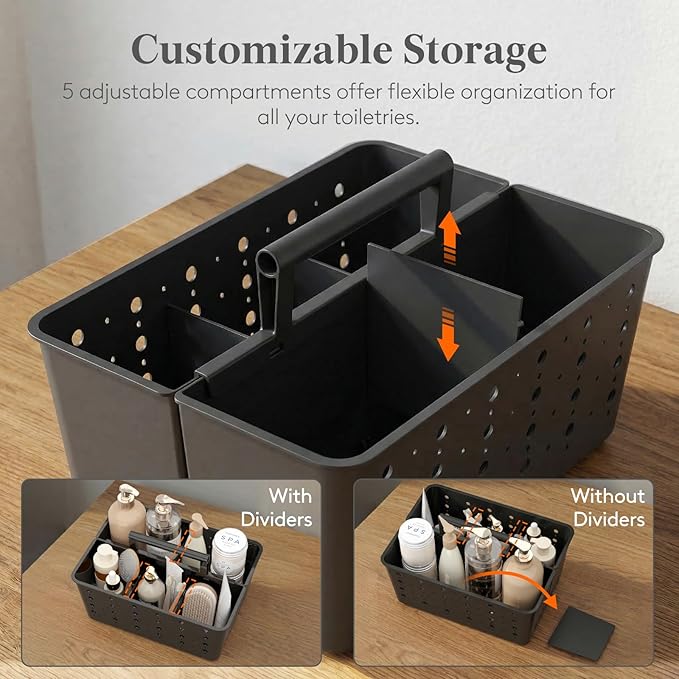 Lifewit Shower Caddy Portable, Cleaning Supplies Caddy Organizer with Handle and Adjustable Dividers, Plastic Shower Basket for Dorm Room Essentials, College, Bathroom, Black, 1 Pack