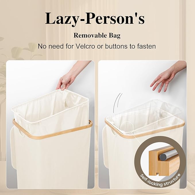 Foluck Large Laundry Hamper, 100L Waterproof Laundry Basket with Lid and Removable Bag, Collapsible Tall Clothes Hamper with Bamboo Handles for Clothes Toys in Dorm Bedroom Bathroom, Beige