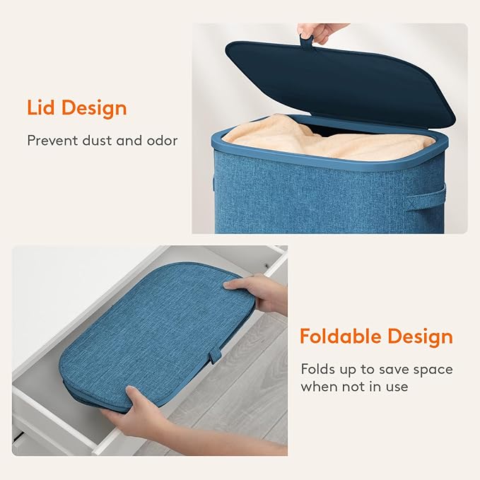 Lifewit Slim Laundry Basket with Lid, Narrow Large Laundry Hamper with Plastic Handles and Removable Bag, Tall Foldable Dirty Clothes Hampers for Laundry Room, Bedroom, Bathroom, Dorm, 75L Dark Blue