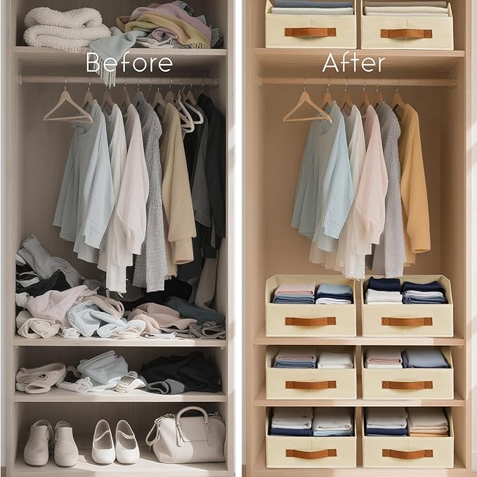 Homsorout Fabric Storage Bins for Organizing - 6 Pack Large Trapezoid Collapsible Storage Bins with Front Handle, Closet Organizers and Storage for Bedroom, Home Shelves, Small Spaces, Beige