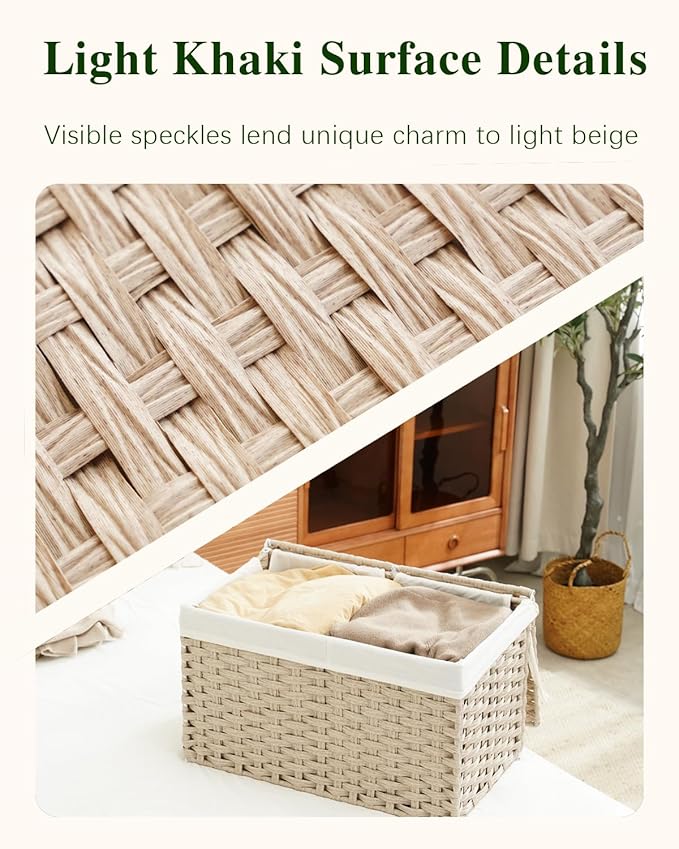 SETVSON Storage Basket with Lid Rattan Woven Storage Baskets with 2 Separate Lids, 17.2 Gallon (65 L) Wicker Storage Bins Foldable 2 Removable Liner Bags Handles for Bedroom, Laundry Room Light Khaki