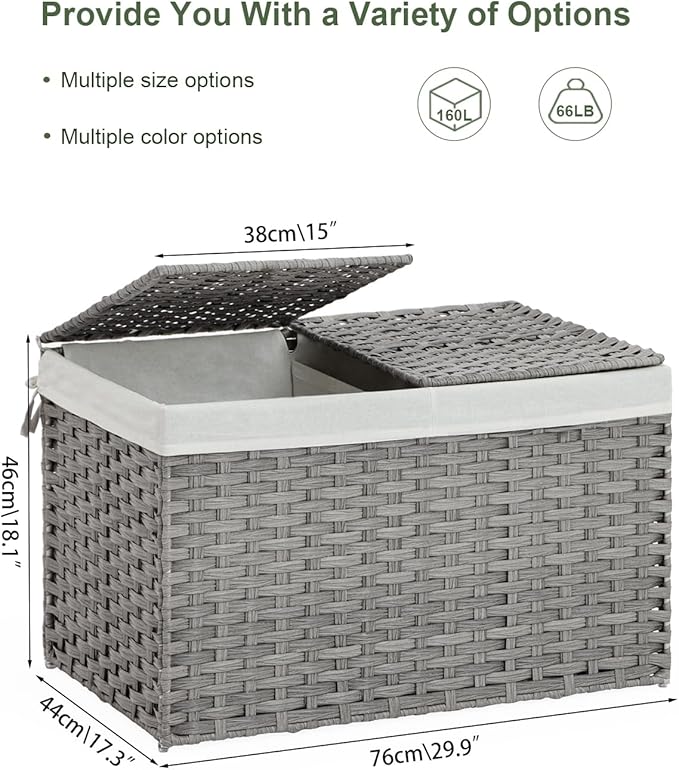 SETVSON Storage Basket with Lid Wicker Baskets for Storage with 2 Separate Lid 42.3 Gallon (160 L) 29.9 x 17.3 x 18.1 Inches Rattan Woven Large Wicker Basket with 2 Liners for Bedroom Laundry Gray