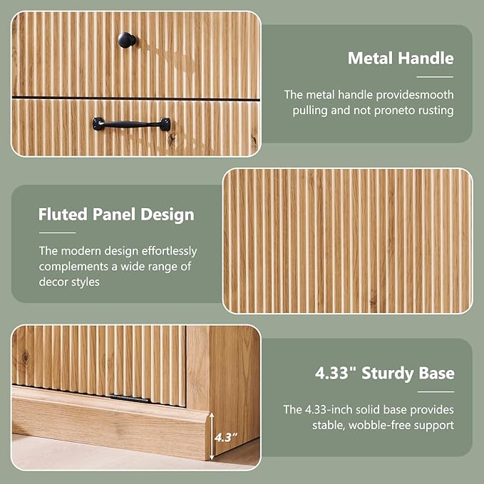 IFBUY Modern Double Tilt-Out Laundry Hamper Cabinet, 20 Gallon Fluted Trash Can Cabinet with 2 Drawers, Wooden Hidden Garbage Can Cabinets with Laundry Basket, for Bathroom and Kitchen, Natural Oak