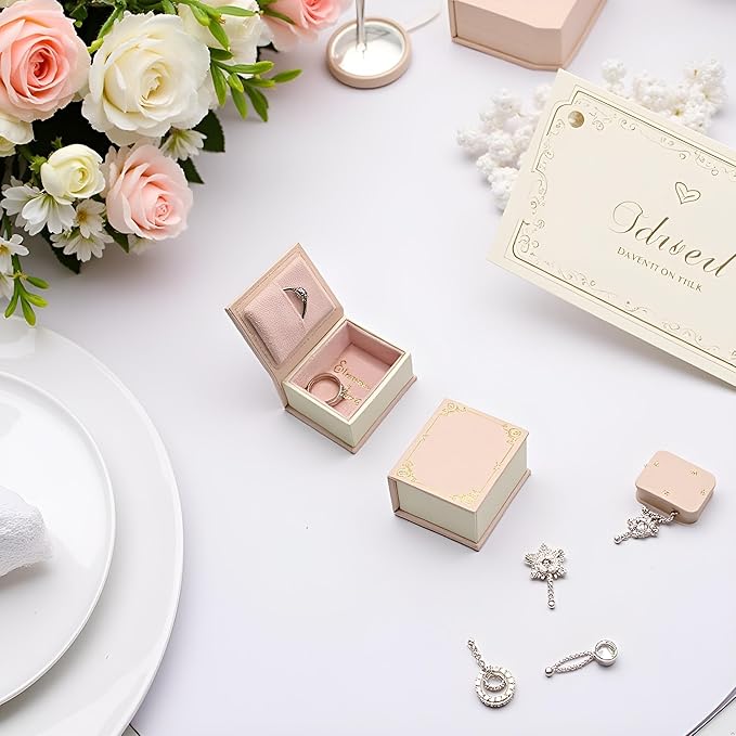 Book Shaped Ring Box - Vintage Engagement Ring Box with Hinged Lid for Proposal Engagement Wedding, Proposal Ring Case -PRB016-Pink