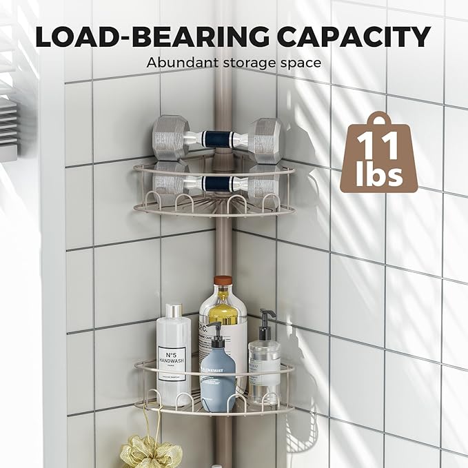 Urackify Corner Shower Caddy Tension Pole, 4 Tier Adjustable Bathroom Organizer Shelves, Shower Storage With Hidden Hook & Towel Holder,63.7-119 Inch No-Drill Quick Installation Shower Rack,Sliver