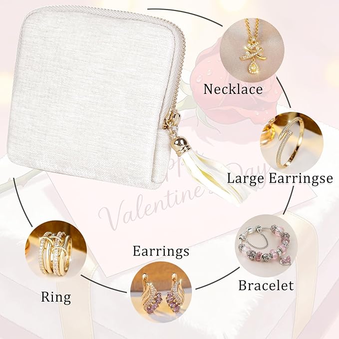 ASINGYER Travel Jewelry Storage Bag for Women, Velvet Portable Jewelry Organizer with Tassel Zipper, Small Pouches for Bracelets Necklaces Rings Earrings, Wedding Gift for Women (beige)
