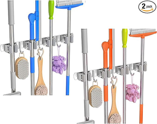 2 Pack Broom Mop Holder Wall Mount, Broom Organizer Mop Hanger Storage Tool Utility Racks Stainless Steel Mop Holder Solid for Home Kitchen Garden Laundry Garage (2, 4 Racks 3 Hooks)