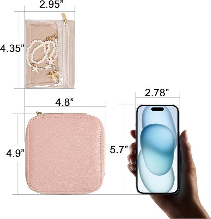 Frebeauty Small Travel Jewelry Box,Travel Jewelry Case with 6 Pouch Bags,Portable Travel Jewelry Organizer,Mini Jewelry Storage,3.35 x 4.9 x 4.8 Inches,Gift Idea for Women Girls(Pink)