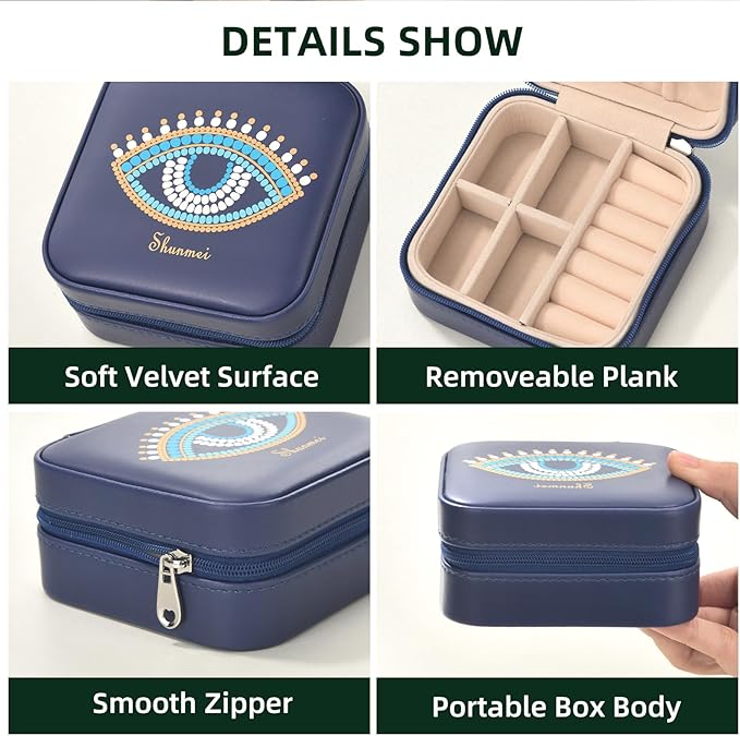 shunmei Mini Travel Jewelry Box,PU Leather Portable Jewelry Organizer Case,Art Accessories Storage Holder Boxes for Earring, Necklace, Rings, Bracelets (Blue Eyes)