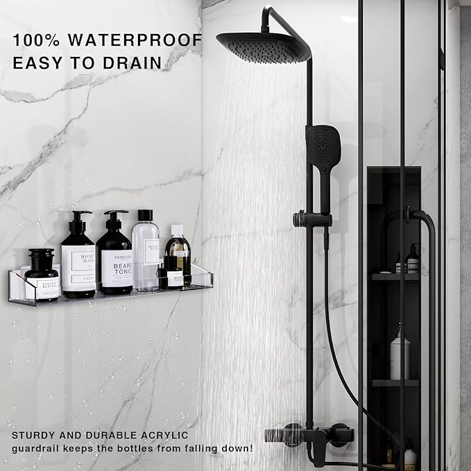 Bakzon Acrylic Shower Shelves 2 Pack, Adhesive Bathroom Shelves No Drill, Clear Acrylic Shower Caddy Wall Mounted Organizer for Inside Shower, Bathroom Storage Shelf