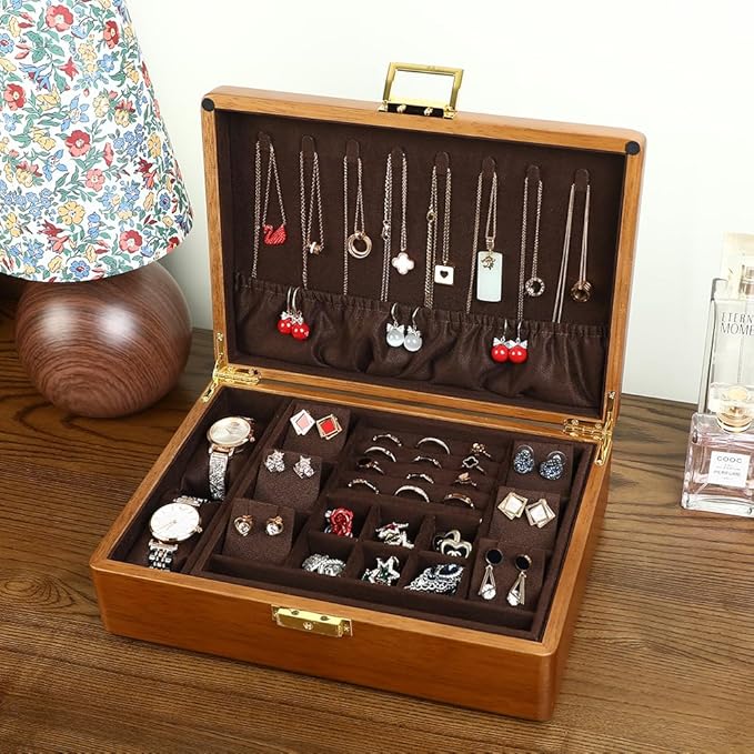Solid Walnut Wood Jewelry Box with Lock, 2-Layer Vintage Jewelry Organizer for Men Women, Velvet-Lined Storage Chest with Key Lock (Brown)