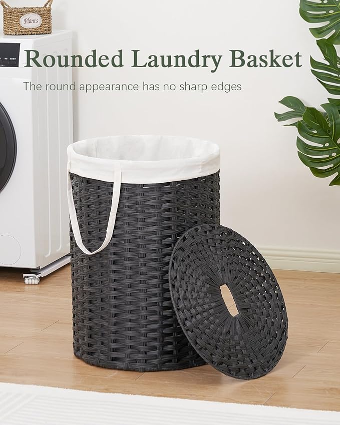 SETVSON Laundry Basket with Lid Round Rattan Laundry Hamper with Lid and Handles 29.1 Gal (110 L) Handwoven Woven Basket with Removable Bags and 2 Mesh Bags for Bathroom Living Room Black