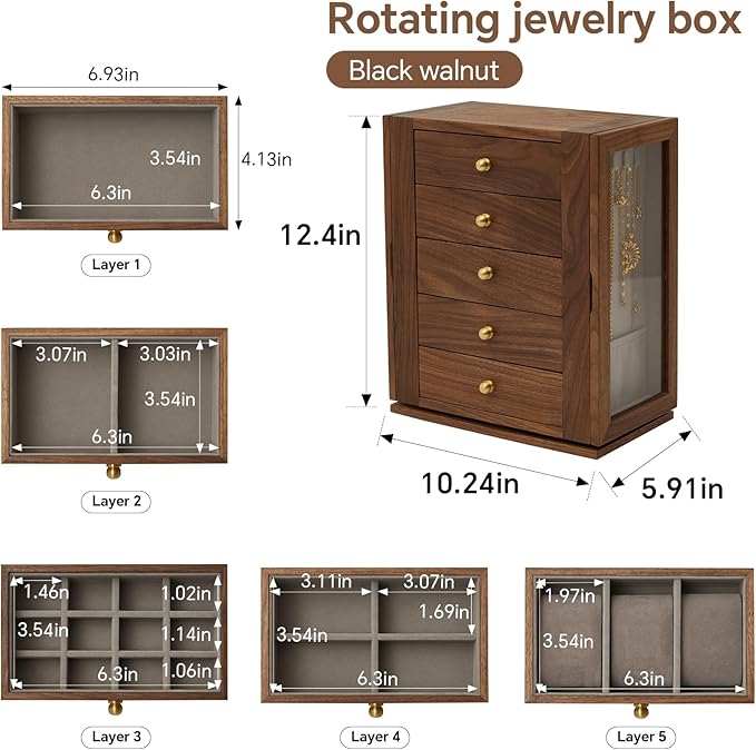 Wooden Jewelry Box for Women, 360 Rotating Design,Large Jewelry Organizer with Velvet Lining, 5 Drawers, Transparent Glass Doors, Black Walnut Wood Grain, Jewelry Storage Organizer