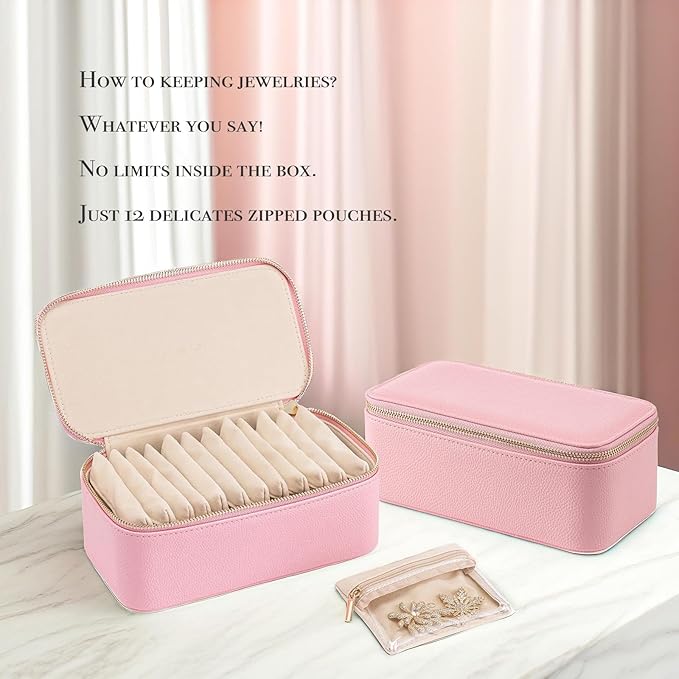VLANDO Travel Jewelry Box Organizer – Portable PU Leather Jewelry Case with 6/8/12 Zippered Pouches, Compact Storage for Earrings Rings Necklaces Bracelets, Strawberry Pink