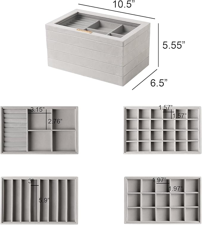 Frebeauty Stackable Jewelry Trays, Velvet Drawer Jewelry Organizer with Glass Lid,5 in 1 Multi-Functional Jewelry Storage for Earrings Necklaces Rings, 10.5 x 6.5 x 5.55 Inches Gift for Women(Grey)