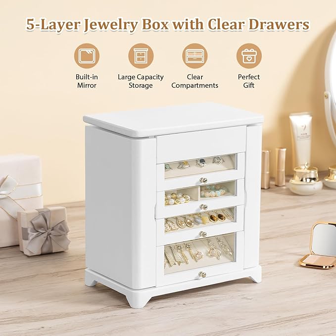 Large Jewelry Box & Organizer for Women, Wooden Jewelry Storage with 4 Transparent Drawers, Holds Necklaces, Rings, Bracelets, Earrings and Watches(White)