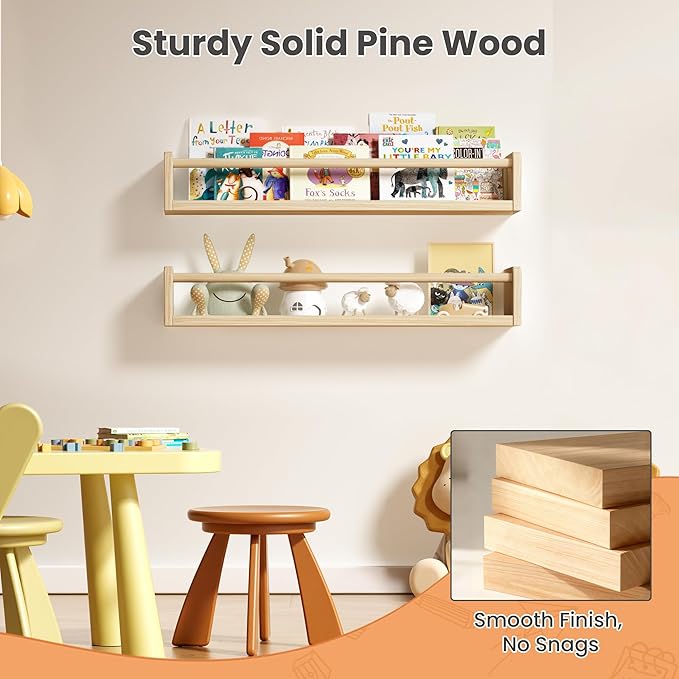 upsimples 2 Pack Nursery Book Shelves, 23.6 Inch Floating Bookshelves for Wall, Baby Nursery Decor, Small Solid Wood Wall Mounted Shelves for Baby Kids Boys Girls, Natural