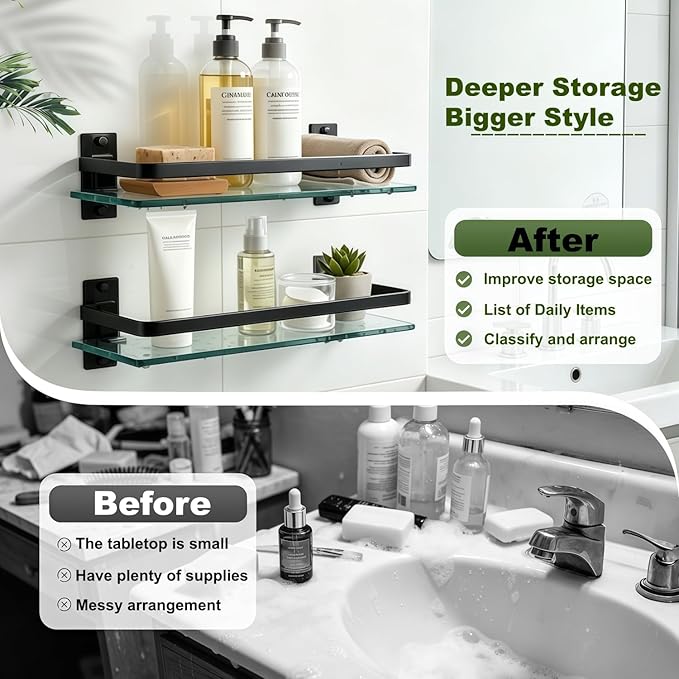 AIJALY 3 Pack Bathroom Glass Shelf,Aluminum Tempered Glass 0.3in Extra Thick Rectangular 1 Tier Storage Organizer Wall Mount,Black 15.7in