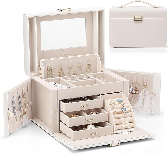 Vlando Mirrored Jewelry Box Organizer, Leather Jewelry Storage Case, Necklaces Earrings Rings Brackets Box Holder, Pearl White