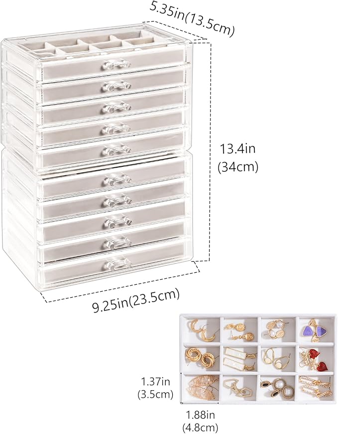 Lolalet Earring Holder Organizer Box Jewelry Storage with 10 Drawers, Clear Acrylic Stackable Earring Case with Adjustable Velvet Trays for Women on Dresser Vanity - Warmwhite,10 Layers