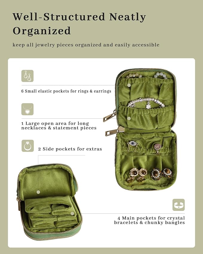 Stratalife Travel Jewelry Case Organizer 2-Layer Compact Storage Bag for Rings Earrings Necklace Bracelet Portable Velvet Jewelry Pouch with Zippers Accessories Travel Essential Gift for Women Green