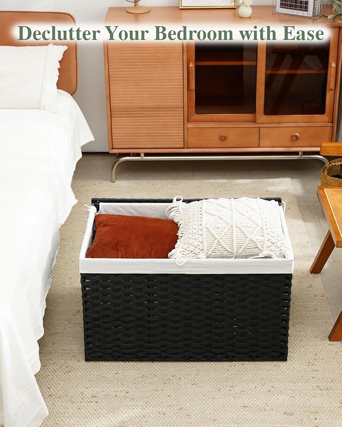 SETVSON Storage Basket with Lid Wicker Baskets for Storage with 2 Separate Lid 42.3 Gallon (160 L) 29.9 x 17.3 x 18.1 Inches Rattan Woven Large Wicker Basket with 2 Liners for Bedroom Laundry Black