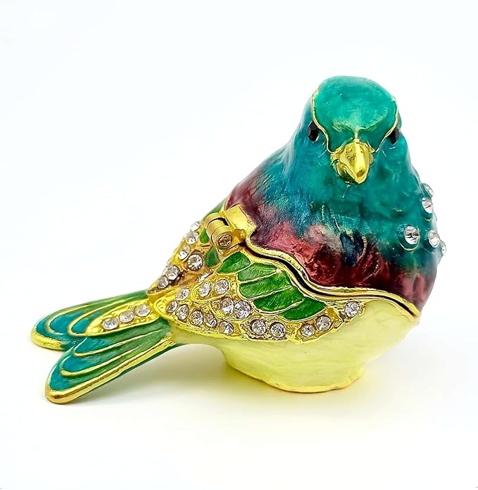 Turquoise Green Bird Trinket Boxes Hinged,Bird Decor with Crystals Enamel Jewelry Box.Necklace Ring Box Earrings Storage.Collectible Birds Lover Gifts Figurines Home Decor