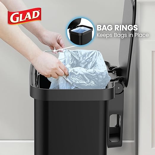 Glad Stainless Steel Step Trash Can, Series 2 with Clorox Protection - Large Black Kitchen Garbage Bin with Soft Close Lid, Foot Pedal and Waste Bag Roll Holder, 13 Gallon