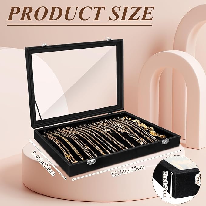 Yinkin 2 Pcs 100 Slots Ring Organizer Box with Transparent Glass Lid Necklace Display Tray Ring Case Velvet Jewelry Holder (Black)