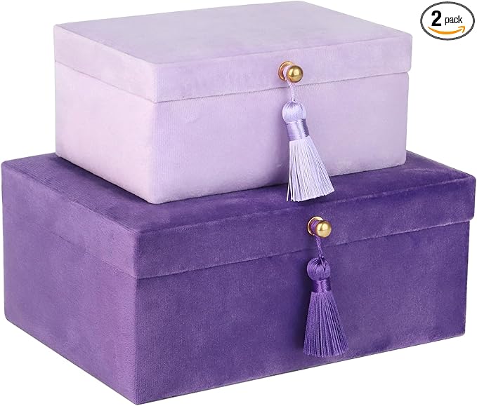 HofferRuffer Velvet Jewelry Boxes Decorative Boxes, Storage Accessory Organizer Boxes with Elegant Handle Decor, Classic Velvet Set of 2 Pieces (Purple)