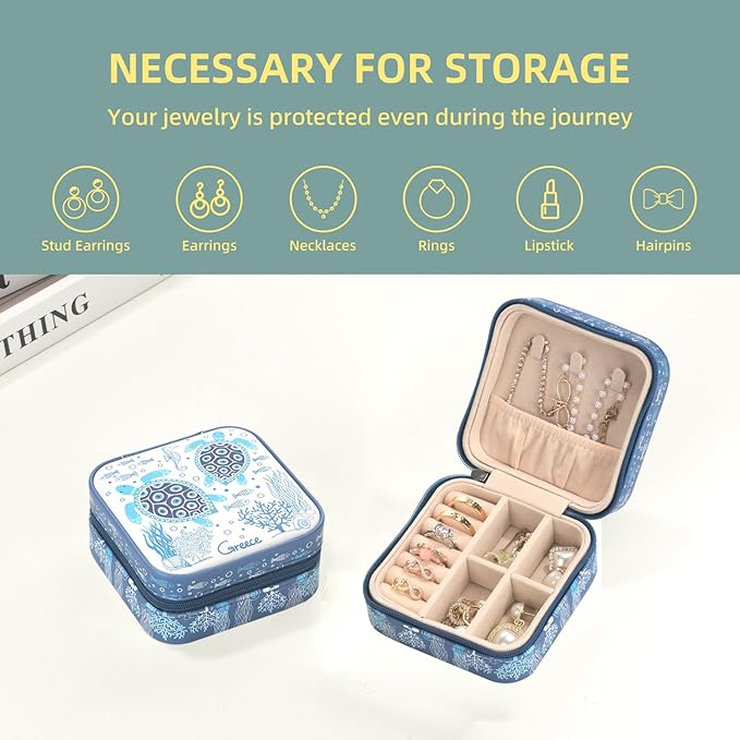 shunmei Mini Travel Jewelry Box,PU Leather Portable Jewelry Organizer Case,Art Accessories Storage Holder Boxes for Earring, Necklace, Rings, Bracelets (Turtle)