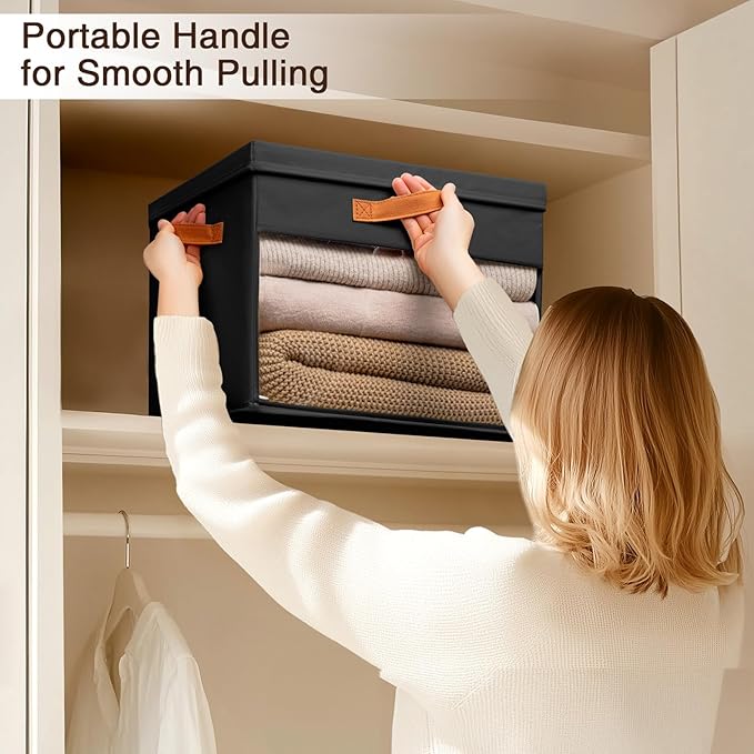 Homsorout Large Storage Bins with Lids - 4 Pack Foldable Decorative Organizers with Clear Windows & Handles, Cube Storage Organizers for Clothes, Blankets, Sweaters, Sheets, Black