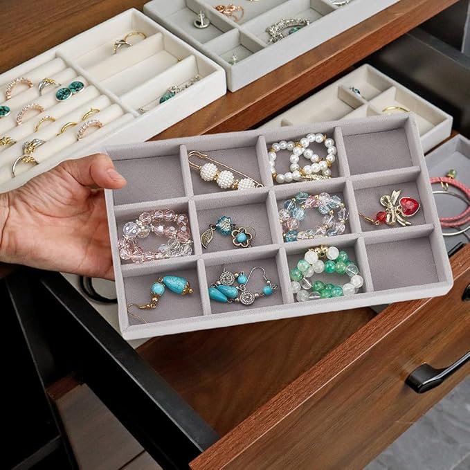 2Pcs 5 x 8.3 Inch Velvet Jewelry Trays Stackable Jewelry Organizer Removable Divider 12 Grids Divided Gray Necklace Storage Container Box Dresser Drawer Case for Earring Ring Display Showcase