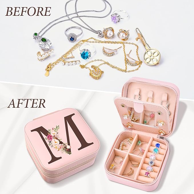 Inngeroo Personalized Graduation Gifts for Women - Customized Teacher Appreciation Gifts - Travel Jewelry Case Box Organizer for Wife Daughter Aunt Friend Grandma - Initial M