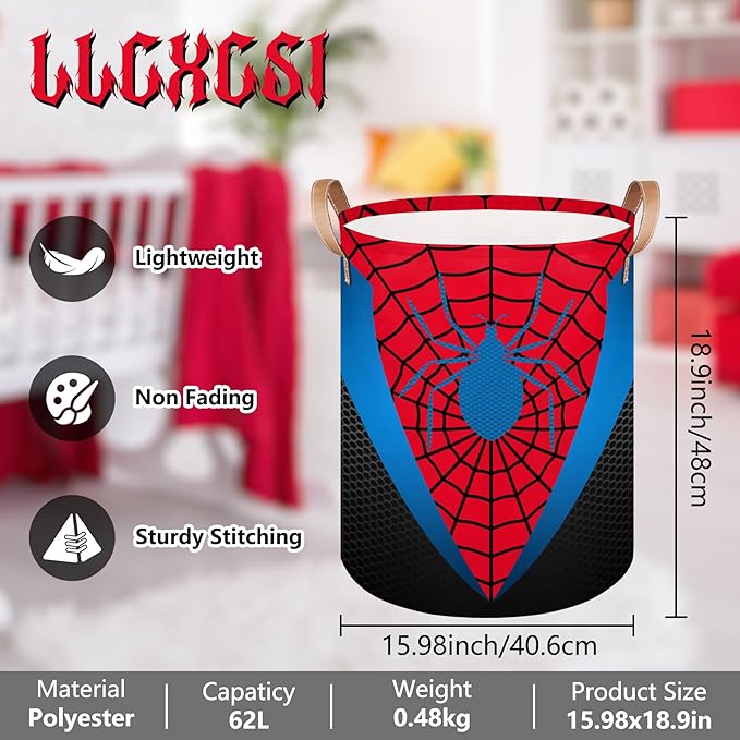 Red Spider Web Large Laundry Hamper Basket, Round Collapsible Storage Organizer Bin for Kids, Boys, Nursery, Closet, Bedroom, Playroom, Toys, Dirty Clothes, 16"W x 20"H