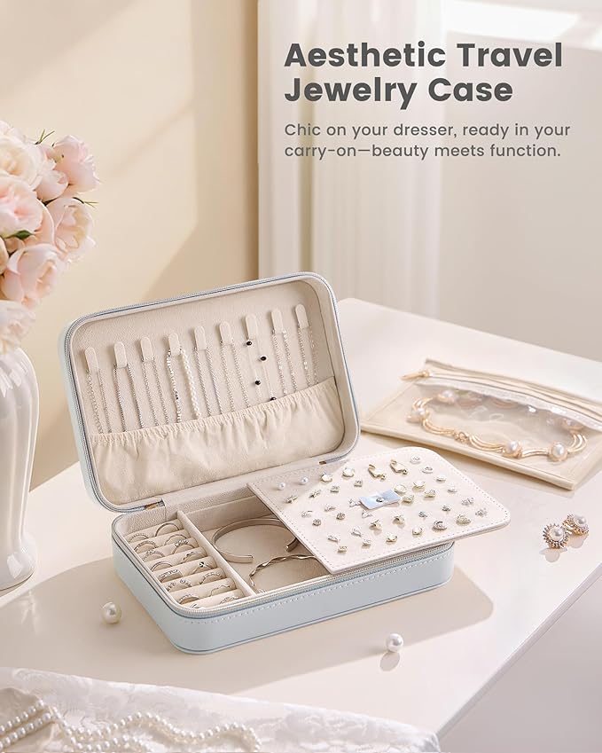 Lolalet Travel Jewelry Case for Women Girls, PU Leather Jewelry Organizer with Clear Storage Bag Small Portable Jewelry Box for Necklace Bracelet Earring Ring Mothers Day Birthday Gifts -Large/Blue