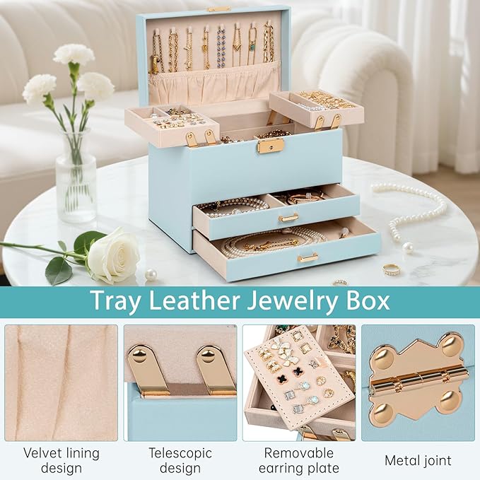 AKOZLIN Travel Jewelry Box Organizer Functional 2-trays Leather Jewelry Storage Case with Lockable Portable 2 Drawers for Women Girls Ring Necklace Earring Bracelet