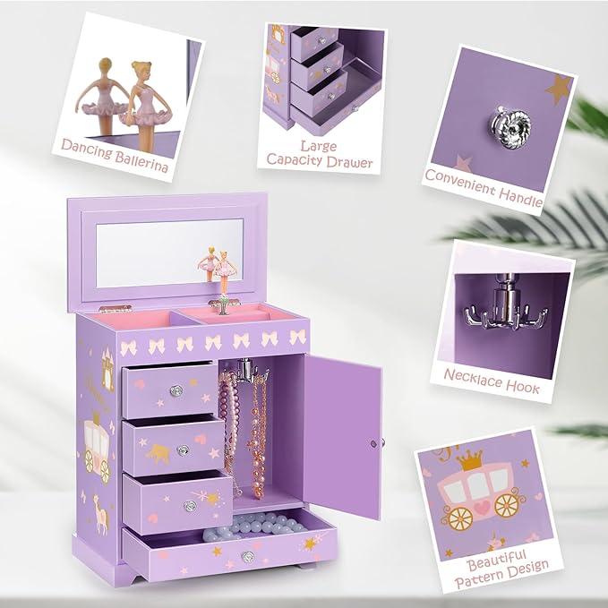 Large Jewelry Box for Girls 5-Layer Music Box with Swing Door Spinning Ballerina Unicorn Necklace & Bracelet Set Children Jewelry Organizer for Girls Kids Birthday Christmas Gift Purple