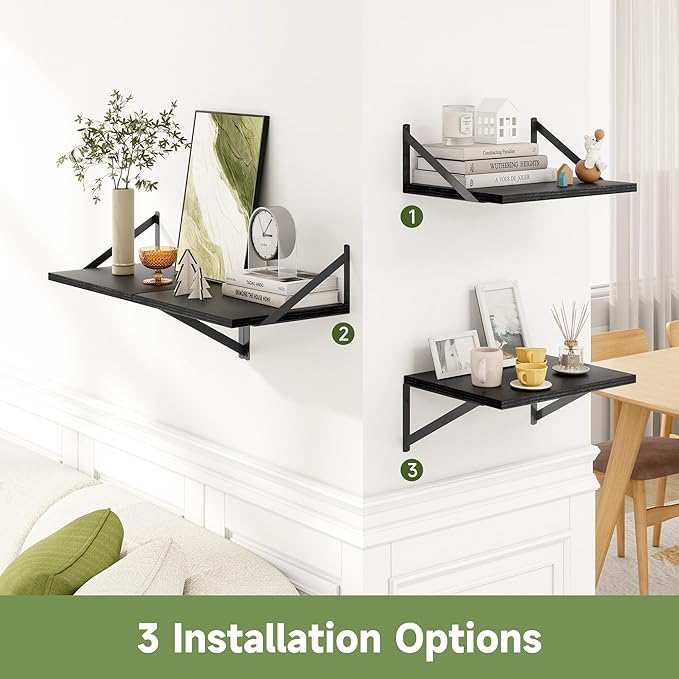 Heimlove 12 Inch Deep Floating Shelves for Wall, 16W x 12D Wide Black Floating Shelves Heavy Duty Wall Mounted Shelves, Wood Wall Shelves for Living Room Bedroom Bathroom Kitchen- Set of 4