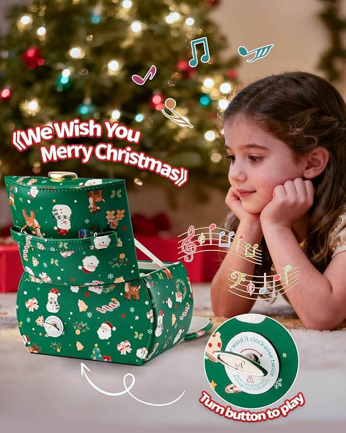 VLANDO Kids Musical Jewelry Box for Girls with Drawer, Music Box with Ballerina and Stickers for Birthday Bedroom Decor, Holidays Gifts for Girls Kids - Christmas Green