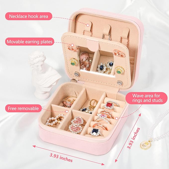 CHMI Travel Jewelry Case, Pink Travel Jewelry Box, Travel Jewelry Organizer, Travel Gifts for Women Girls, Jewelry Organizer Box, Birthday Gifts for Women, Christmas Gifts for Teens Girls - Initial F