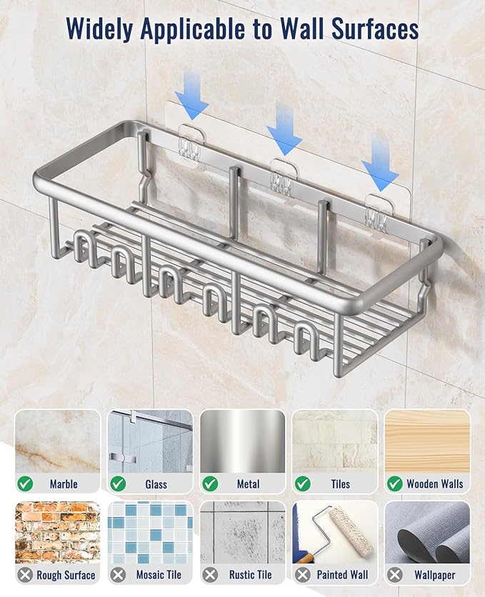 8 Pack Adhesive Rustproof Shower Shelves with Soap Dishes, Toothbrush Holder & Hooks, Large Capacity No-Drilling Shower Shelves Rack for Bathroom Organizers and Storage Accessories, Silver