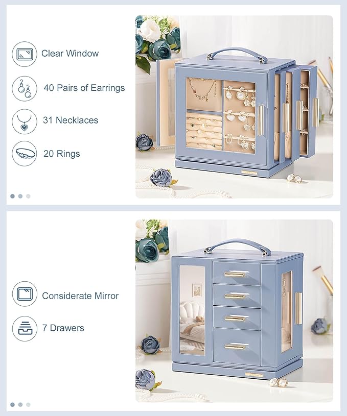 Homde Mothers Day Gifts Jewelry Box 360° Rotating, Necklace Earring Organizer with Transparent Window, Mirror, 7 Drawers, Large Ring Display Storage Case for Girls Women (Grey Blue)