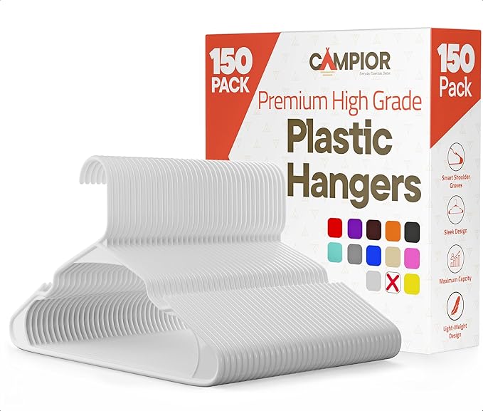 White Plastic Hangers 150 Pack– Heavy-Duty Plastic Hangers Slim and Space-Saving, Durable and Lightweight PP with Non-Slip Shoulder Notches for Slip Dresses, Suits, Jackets & Camisoles