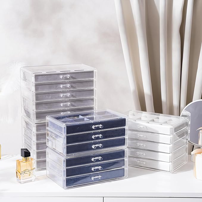 Lolalet Earring Holder Organizer Box Jewelry Storage with 6 Drawers, Clear Acrylic Stackable Earring Case with Adjustable Velvet Trays for Women on Dresser Vanity -Blue, 6 Layers