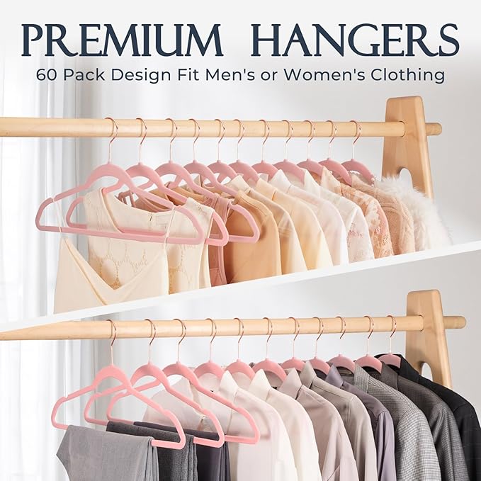 HOUSE DAY Pink Velvet Hangers 60 Pack, Premium Non-Slip Felt Clothes, Sturdy Heavy Duty Coat, Durable Hangers for Suits, Space Saving with No Hanger Mark, 360° Swivel Rotating Rose Gold Hook