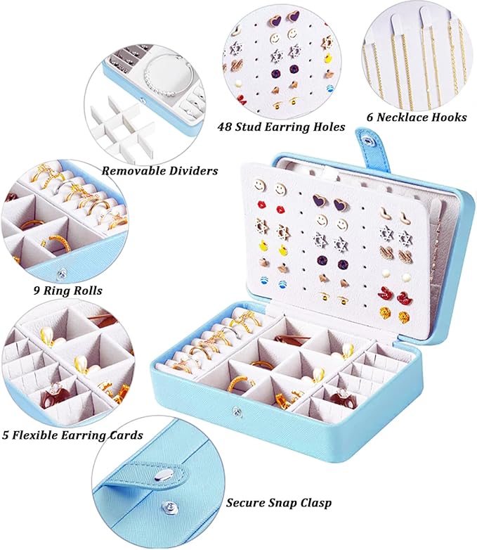 QBestry All-in-One Travel Jewelry Organizer for Women Blue | Small Jewelry Box with 68 Earring Holes | Compact Portable Jewelry Case for Earrings, Rings, Necklaces | Perfect Gifts for Mom Wife Girls
