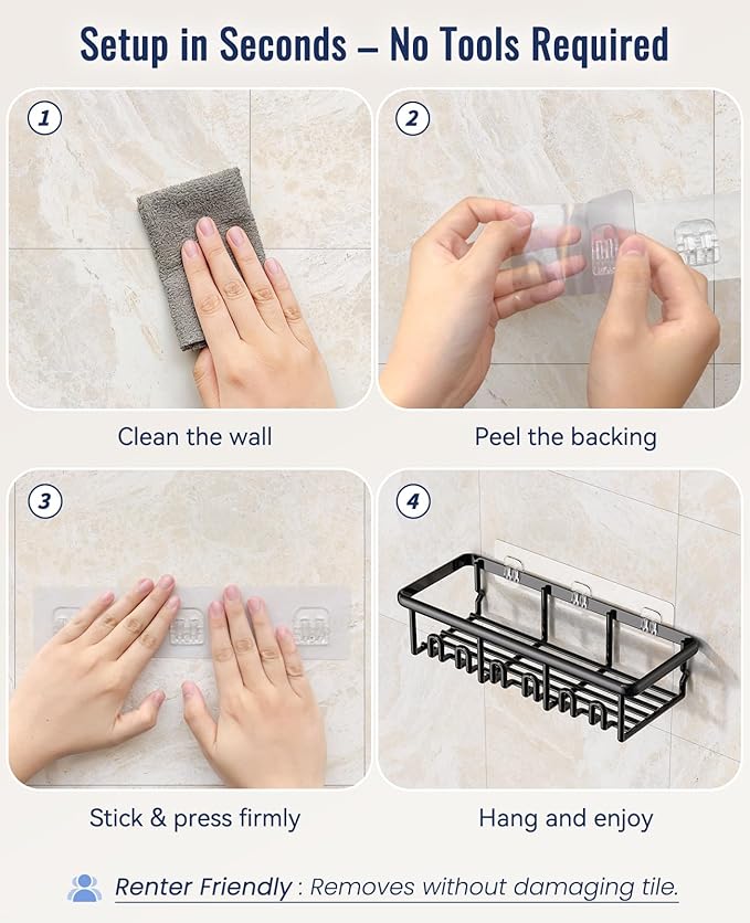8 Pack Adhesive Rustproof Shower Shelves with Soap Dishes, Toothbrush Holder & Hooks, Large Capacity No-Drilling Shower Shelves Rack for Bathroom Organizers and Storage Accessories, Black