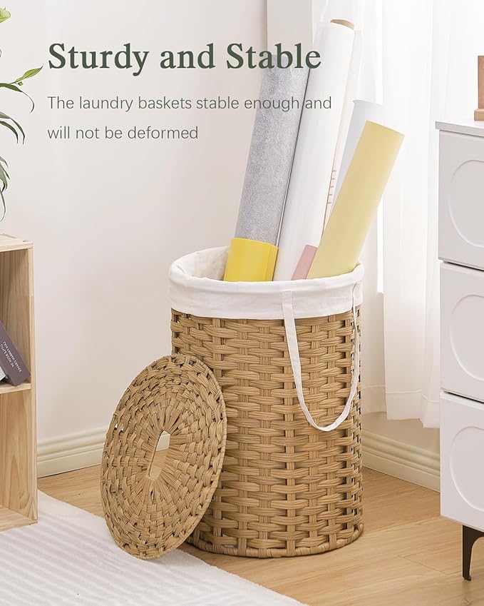SETVSON Laundry Hamper with Lid Laundry Basket with Lid 19.0 Gal (72 L) Round Wicker Laundry Basket Handwoven Rattan Hamper Removable Bag 2 Mesh Bags Handles for Living Room Bathroom Natural