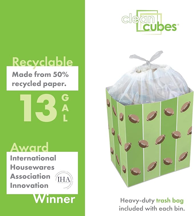 Clean Cubes 13 Gallon Disposable Pop-Up Trash Cans (3-Pack) with Fitted Bags – Foldable Garbage & Recycling Bins for Parties, Events & Kitchen (Tailgating, 17" H x 13.5" W x 10" D)